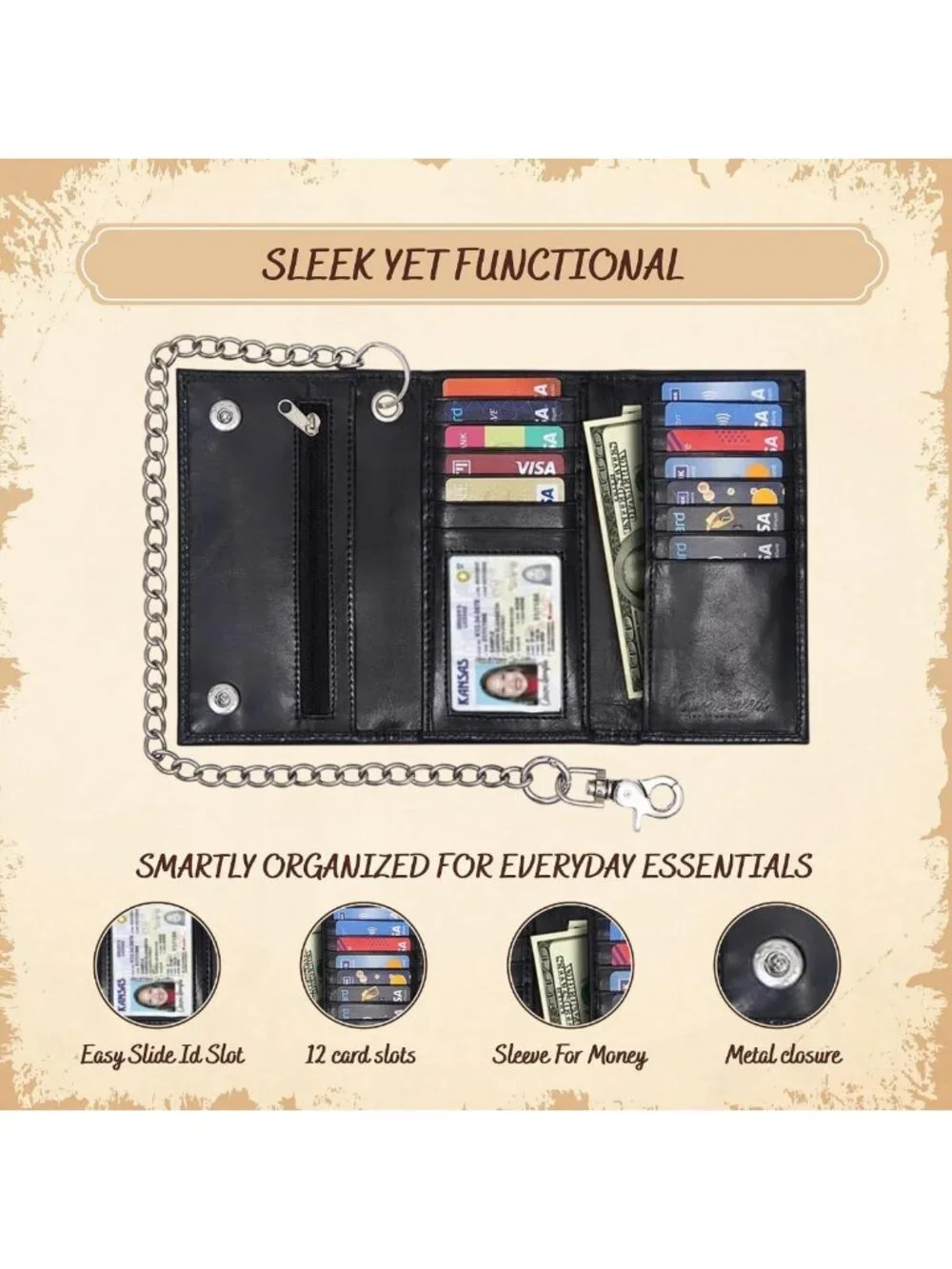 Full Grain Leather Biker Wallet with Chain for Men - Zipper Coin Pocket, ID